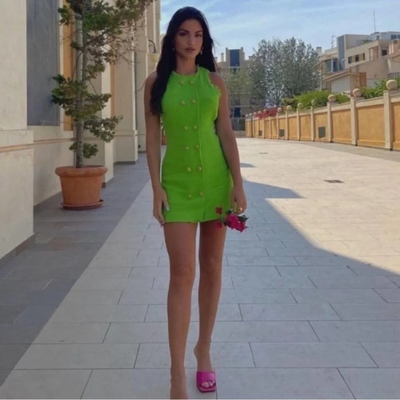 ZARA Tweed Green Dress Gold Medium - Picture 4 of 11